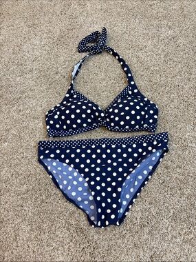 Boden Navy Blue Polka Dot Halter Bikini Set